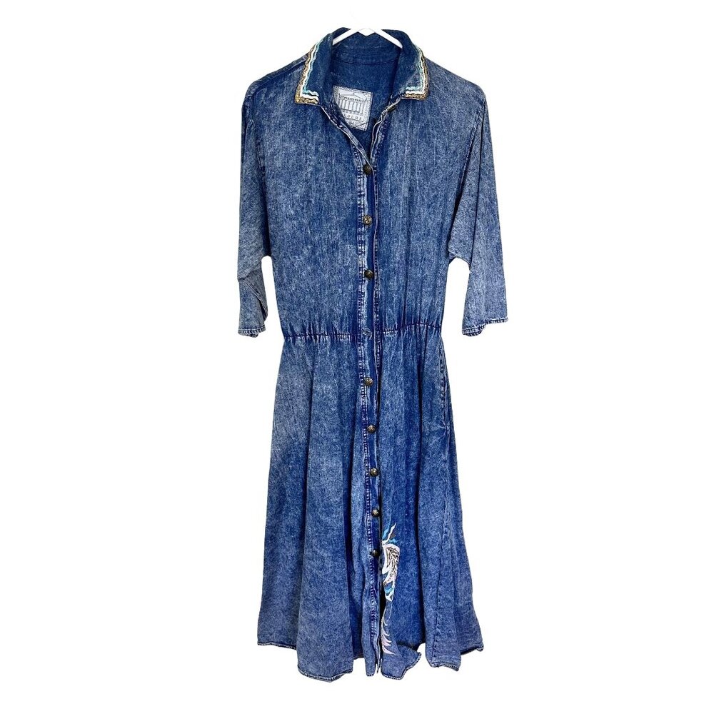 Vtg Denim Button Down Midi Dress 8 Colours Classic Medium Bedazzled Full Skirt
